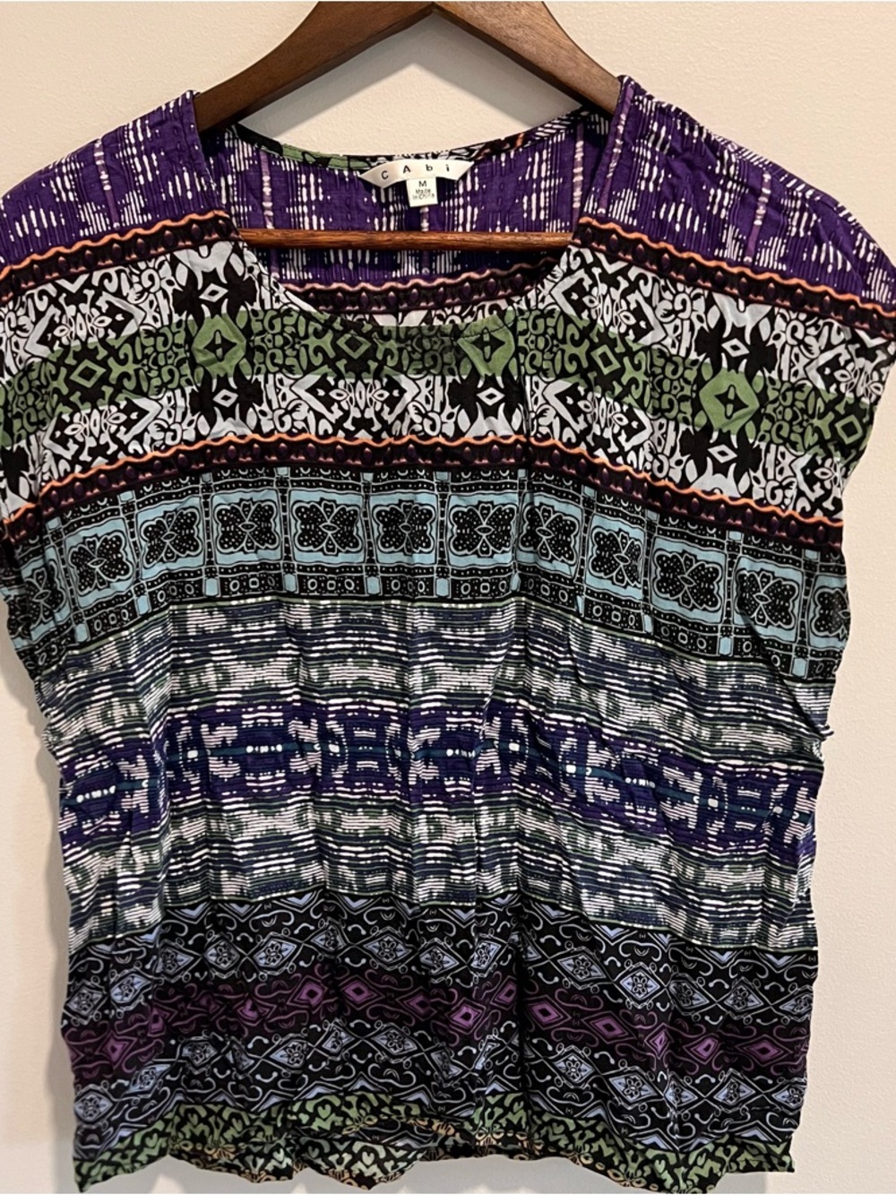 CAbi Multicolor Patterned Short Sleeve Tunic - Purple, Green, Blue